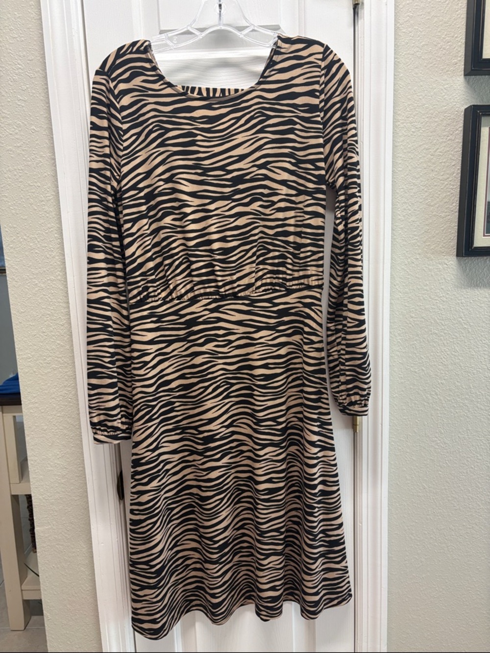 LOFT Black and Tan Zebra-Print Long Sleeve Dress